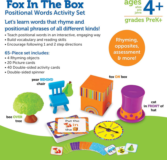 Colorful toy set with a tree, chair, box, hat, cards, and spinner for teaching children positional words.