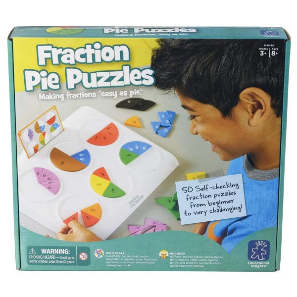 Fraction Pie Puzzles box showing a boy using colorful foam wedges on a white game board with circular slots.