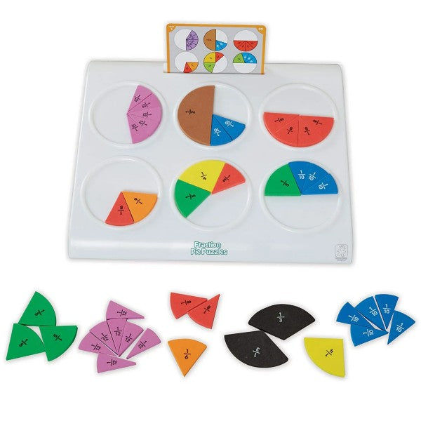 White tray with circular slots holding colorful labeled fraction wedges, plus loose pieces and a challenge card.