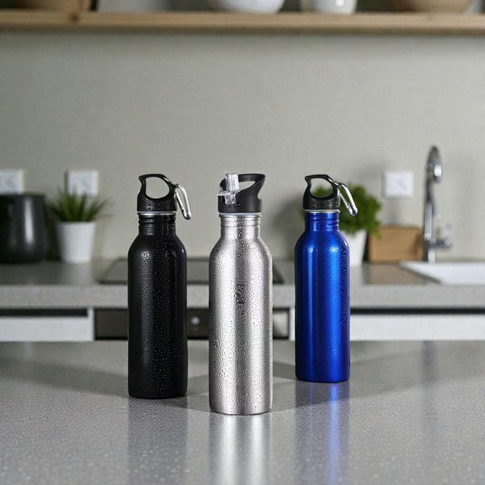 Three Nest & Stem Homewares Frankly Cotton 500ml stainless steel gloss drink bottles in a variety of uses and settings.