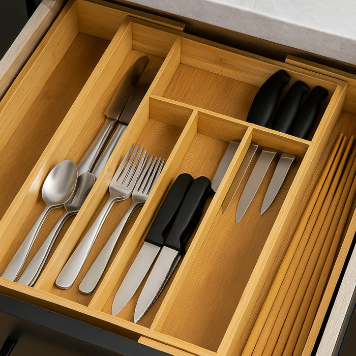 Nest & Stem Homewares Frankly Cotton Bamboo expandable cutlery tray with multiple compartments for kitchen storage and organization.