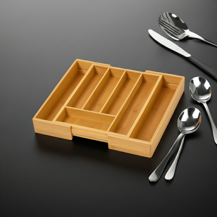 Nest & Stem Homewares Frankly Cotton Bamboo Expandable Cutlery Tray for kitchen storage and organization, showing compartments and bamboo finish.