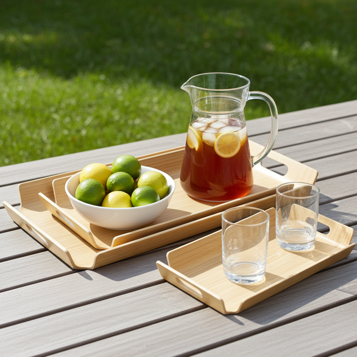 Nest & Stem Homewares Frankly Cotton Bamboo Serving Tray with handles, showcasing its natural bamboo finish and spacious surface.