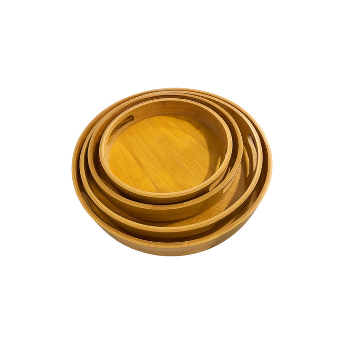 Circular bamboo serving tray with a white cotton center from Nest & Stem Homewares, perfect for serving snacks or drinks.