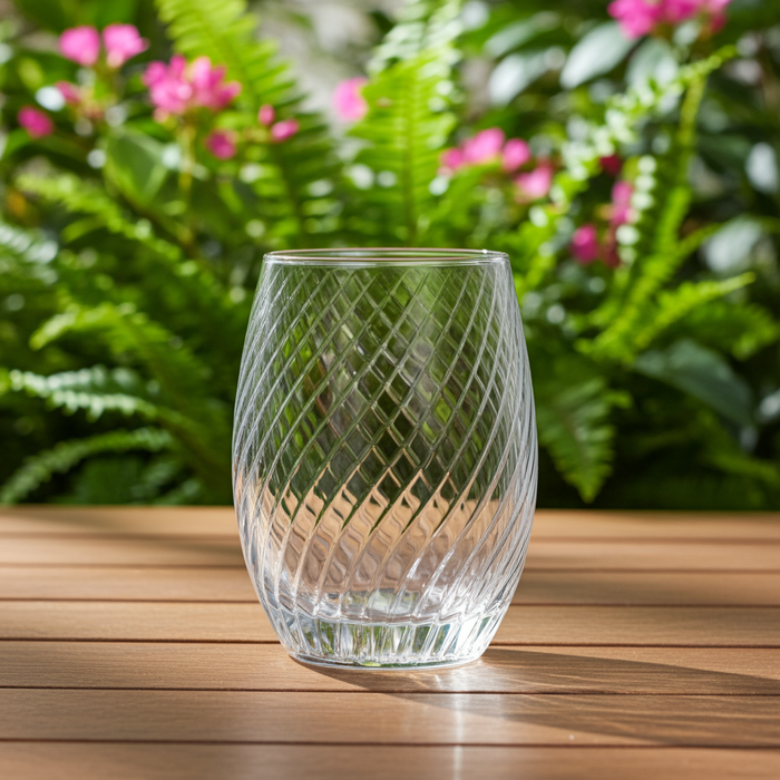 Clear glass tumbler with diagonal textured pattern, 330ml capacity, from Nest & Stem Homewares, designed for stylish glassware use.