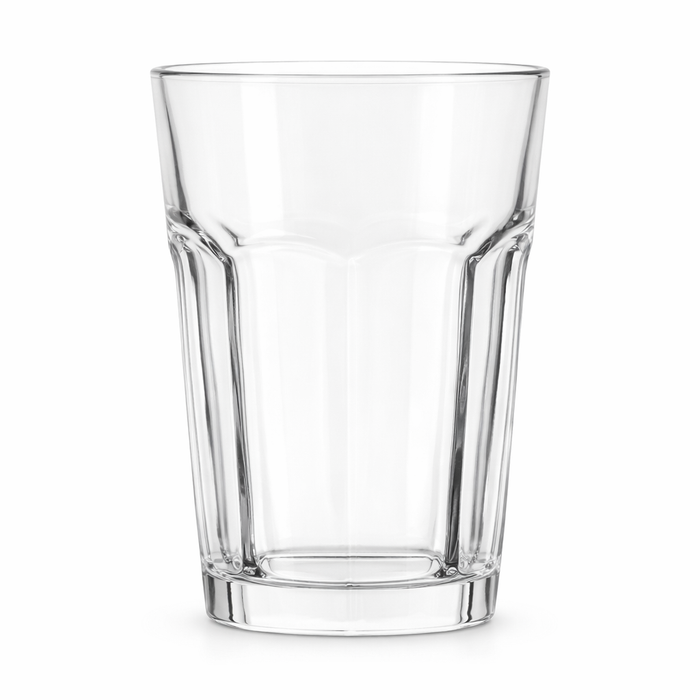 Clear faceted glass tumbler by Nest & Stem Homewares, 473ml capacity, stylish cotton-designed glassware for beverages