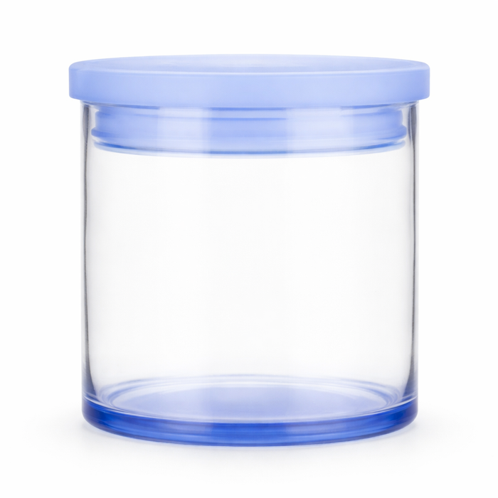 Clear glass storage jar with a blue lid, 450ml capacity, by Nest & Stem Homewares, perfect for kitchen organization.