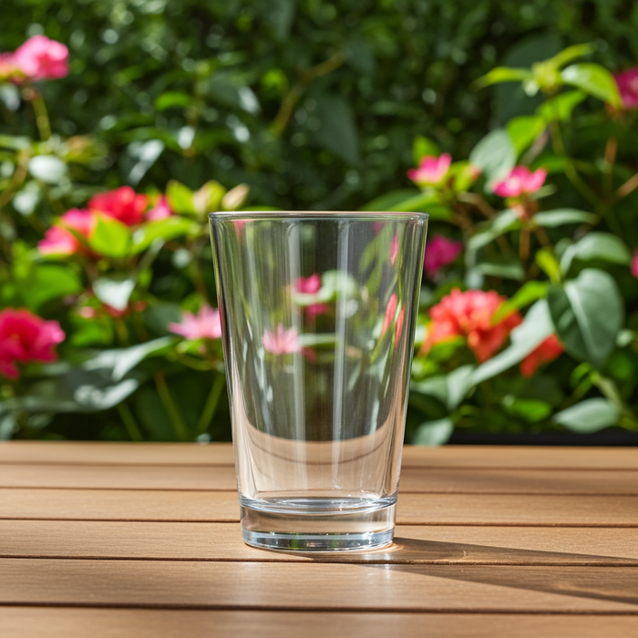 Clear glass tumbler with a 414ml capacity from Nest & Stem Homewares, showcasing its simple, elegant design and transparency.