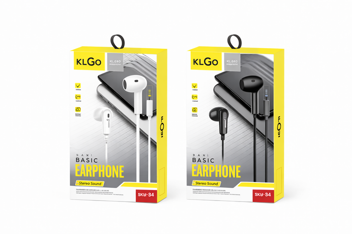 Nest & Stem Homewares Frankly Cotton KLGO wired in-ear earphones with white cotton cable and sleek black earbud design.