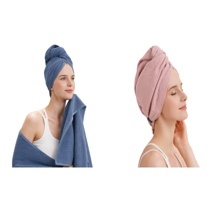 Pink and blue quick-dry hair towel wrap by Nest & Stem Homewares, made of soft cotton for efficient hair drying.