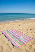 Nest & Stem Homewares cotton beach towel with sage, pink, and white stripes, quick-drying and sandless, 100x180cm size.