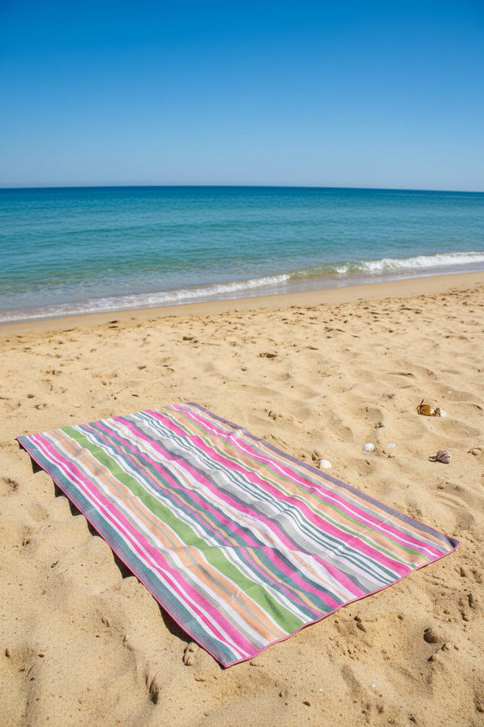 Nest & Stem Homewares cotton beach towel with sage, pink, and white stripes, quick-drying and sandless, 100x180cm size.