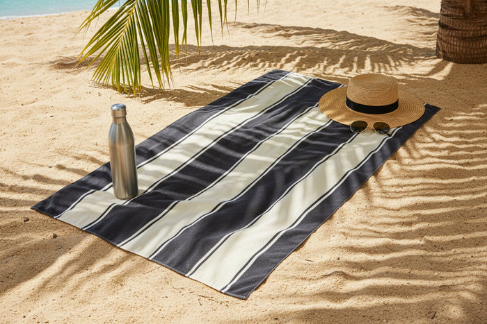 Navy and white Frankly Cotton quick-dry beach towel by Nest & Stem Homewares, 100x180cm, sandless and lightweight for beach use.