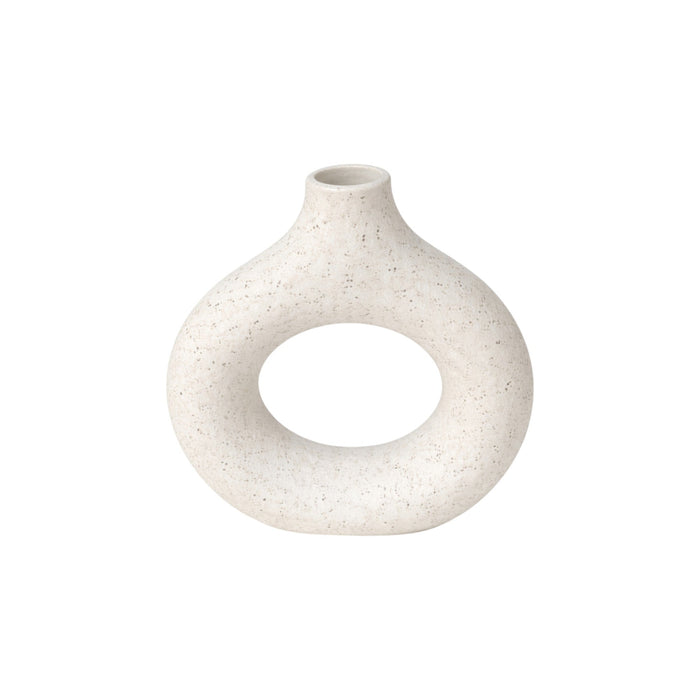 White speckled ceramic arch vase by Nest & Stem Homewares, featuring a modern design with a curved shape and textured surface.
