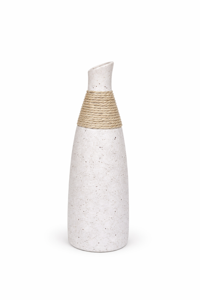 White ceramic rope vase with speckled design from Nest & Stem Homewares, ideal for holding flowers or as decorative home accent.