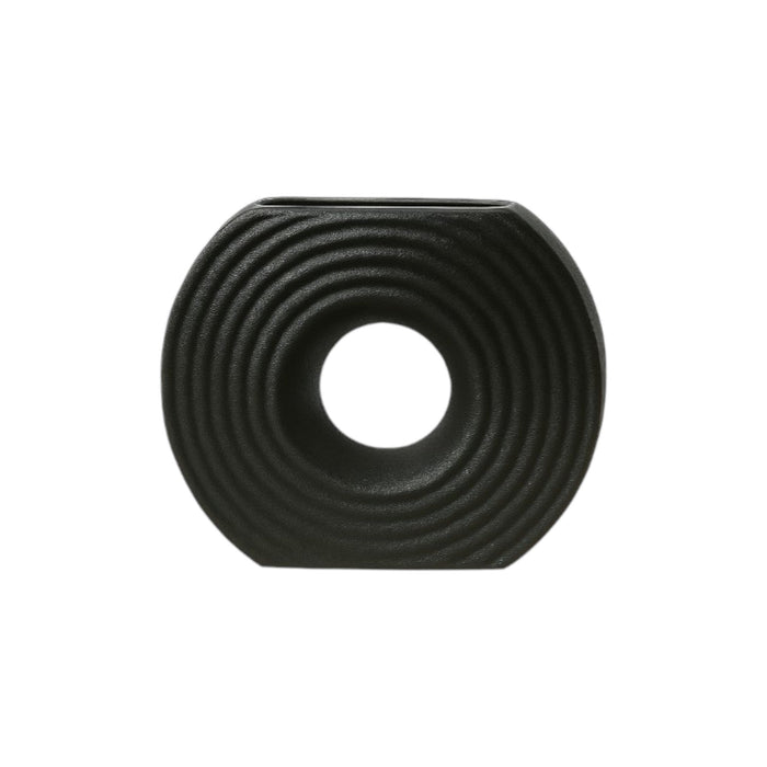 Black Frankly Cotton textured ceramic circular vase with a smooth finish, displayed against a white background.