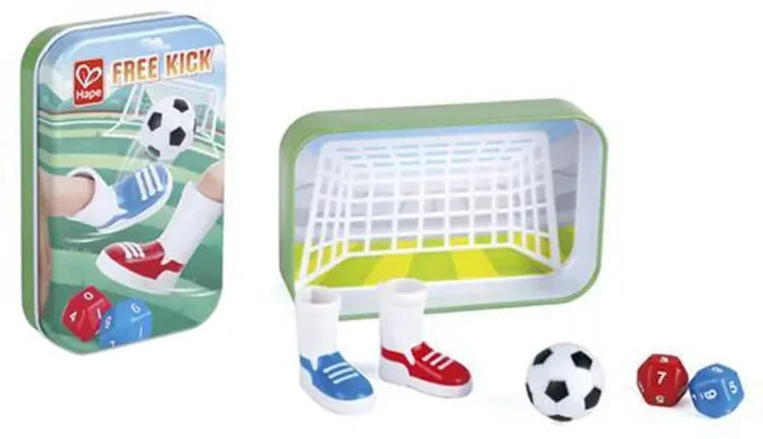 Mini soccer game in a metal tin featuring red and blue finger shoes, a soccer ball, and two colorful polyhedral dice.