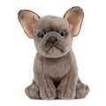 Sitting grey-brown plush French Bulldog with large bat ears, a wrinkled muzzle, and blue eyes.