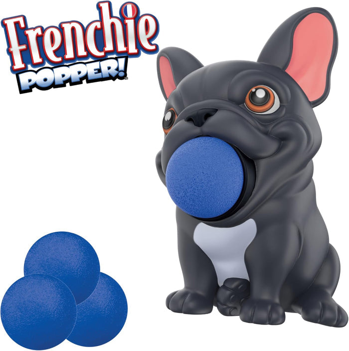 Black French bulldog toy holding a blue foam ball in its mouth, with three extra blue balls on the side.