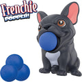 Black French bulldog toy holding a blue foam ball in its mouth, with three extra blue balls on the side.