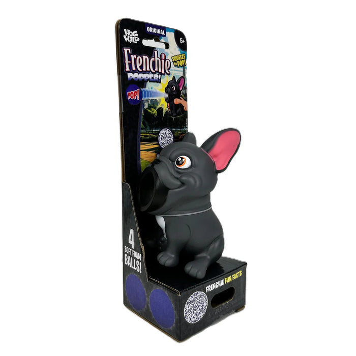 Black French bulldog toy with pink ears in packaging with 4 foam balls to shoot from its open mouth.