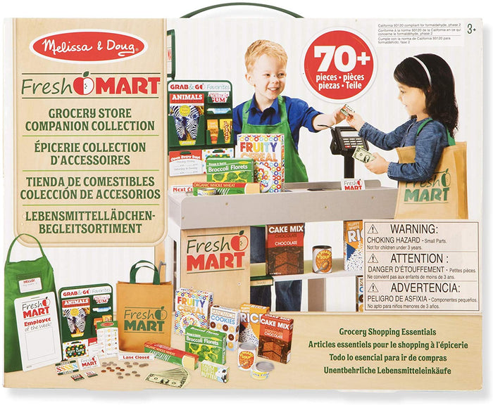 Toy grocery set box showing two children playing at a store checkout with play food, money, bags, and an apron.