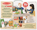 Toy grocery set box showing two children playing at a store checkout with play food, money, bags, and an apron.