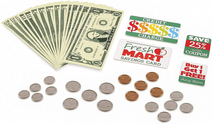 Play money set with green paper bills, silver and copper coins, a toy credit card, savings card, and coupons.