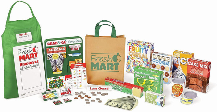 Toy grocery set featuring a green apron, shopping bag, play food boxes, play money, and store signs on white background.