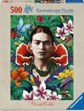 Ravensburger 500-piece puzzle box featuring a Frida Kahlo portrait amidst colorful tropical flowers and a blue butterfly.