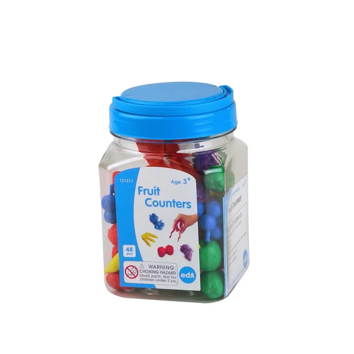 Clear jar with blue lid filled with 48 colorful fruit counters in red, yellow, green, purple, and blue shapes.