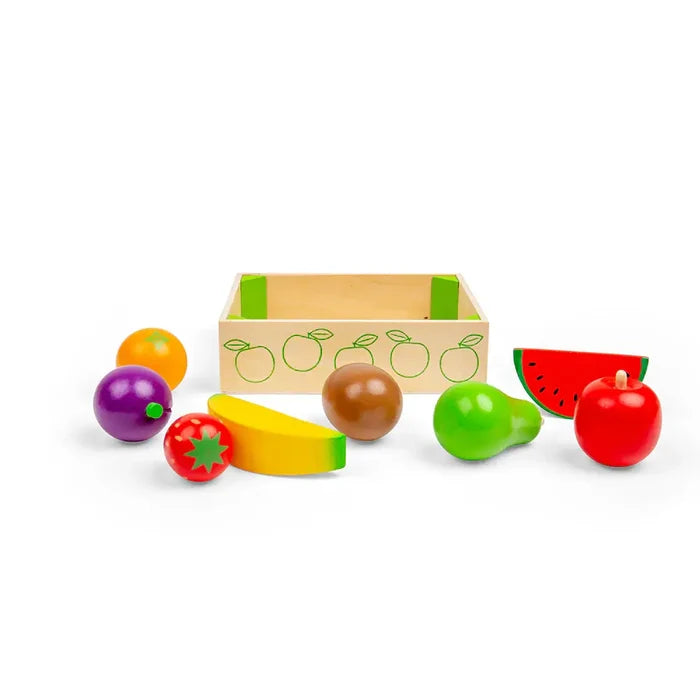 Brightly colored wooden toy fruit set with a storage crate, apple, pear, banana, and watermelon slice.