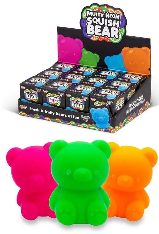 Retail display box with small packages and three neon bear-shaped squishies in pink, lime green, and orange.