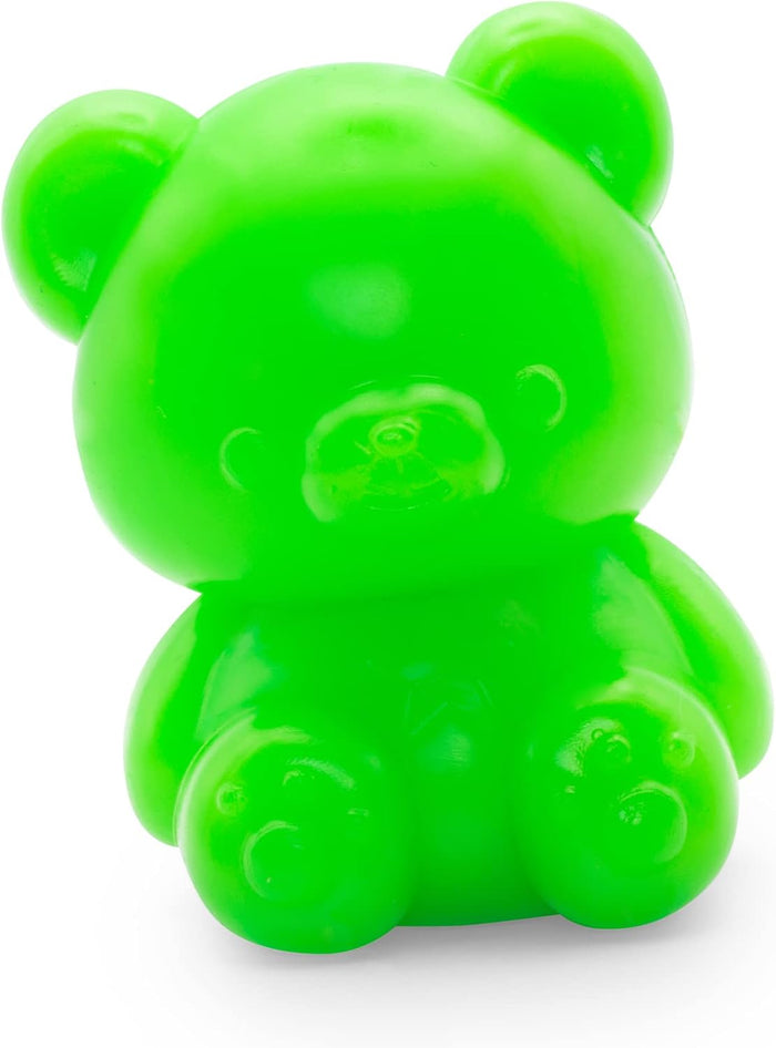 Neon green translucent gummy-bear shaped squishy toy sitting upright with molded facial features and paw pads.