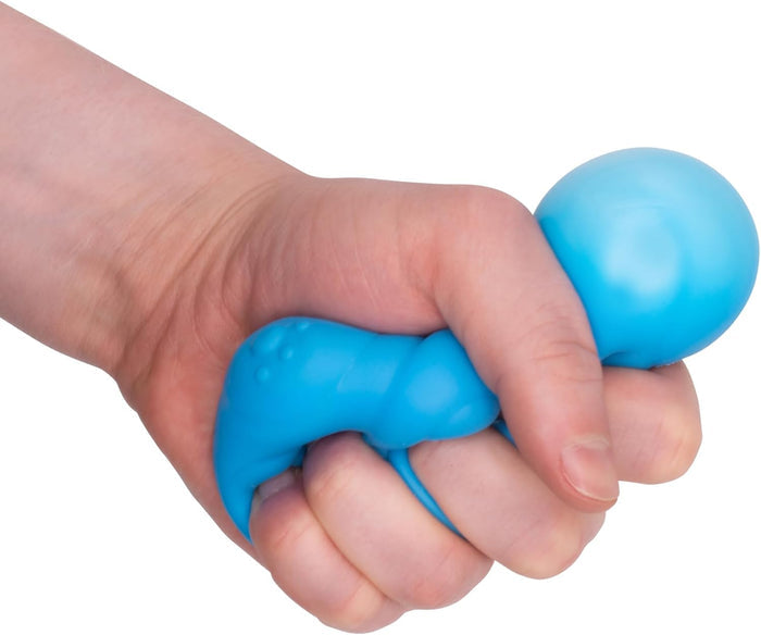 Hand squeezing a bright blue, bear-shaped squishy toy to show its soft, flexible texture.