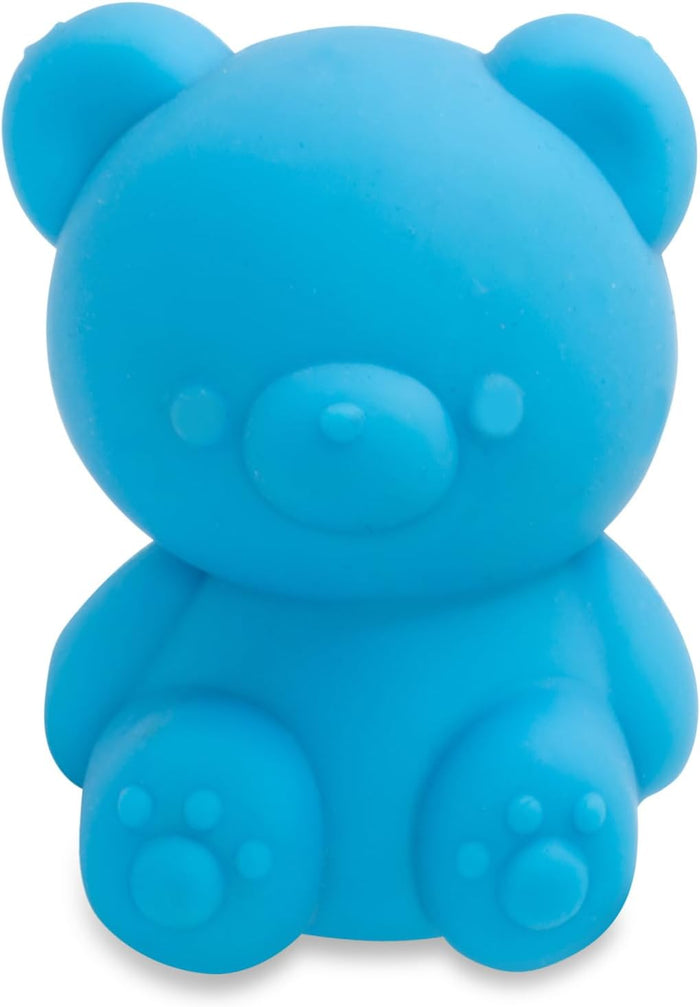 Neon blue squishy bear toy with round ears, a small muzzle, and paw print details on its large feet.