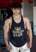 Black Fuaark Club Stringer tank top by Fuaark NZ, featuring a fitted design and sleeveless style, shown on a mannequin.