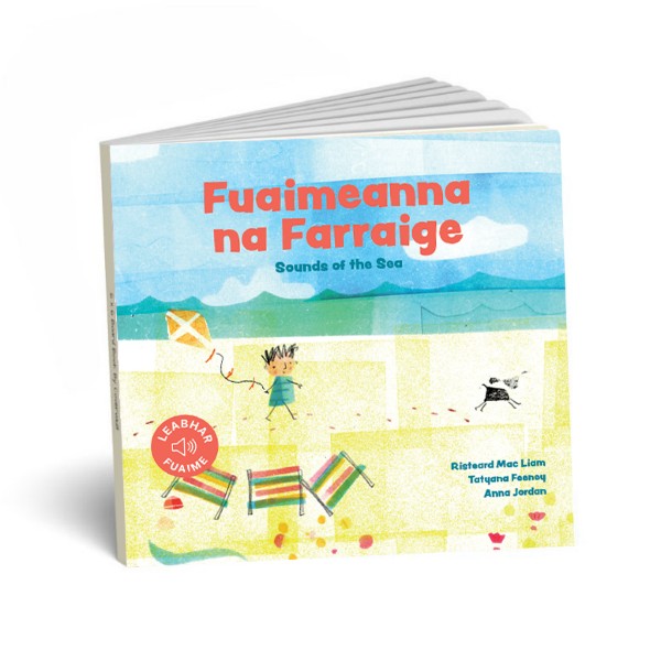 Square sound book with a beach illustration of a child flying a kite, titled Fuaimeanna na Farraige.