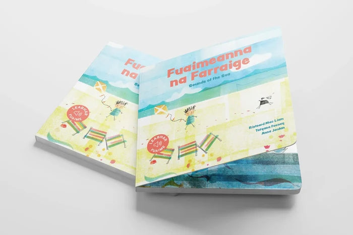 Two square board books featuring a beach illustration with a kite, deck chairs, and a red sound icon on the cover.