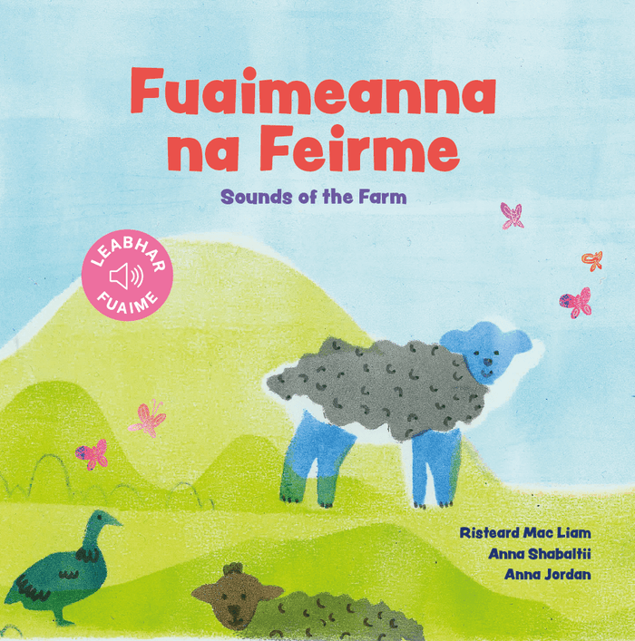 Book cover featuring an illustrated grey sheep, teal duck, and pink butterflies on rolling green hills.