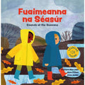 Illustrated cover with children in yellow and blue raincoats walking through autumn leaves. Includes sound book icon.