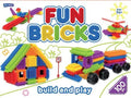 Box for Fun Bricks featuring a colorful house, train, and plane built from vibrant, textured interlocking blocks.