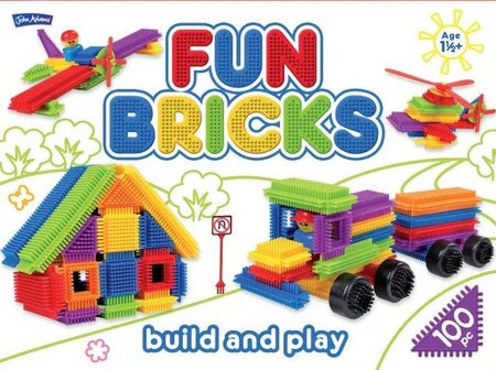 Box for Fun Bricks featuring a colorful house, train, and plane built from vibrant, textured interlocking blocks.