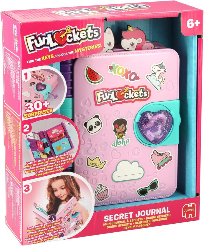 Pink secret journal toy with a heart-shaped lock and stickers in packaging showing hidden compartments.