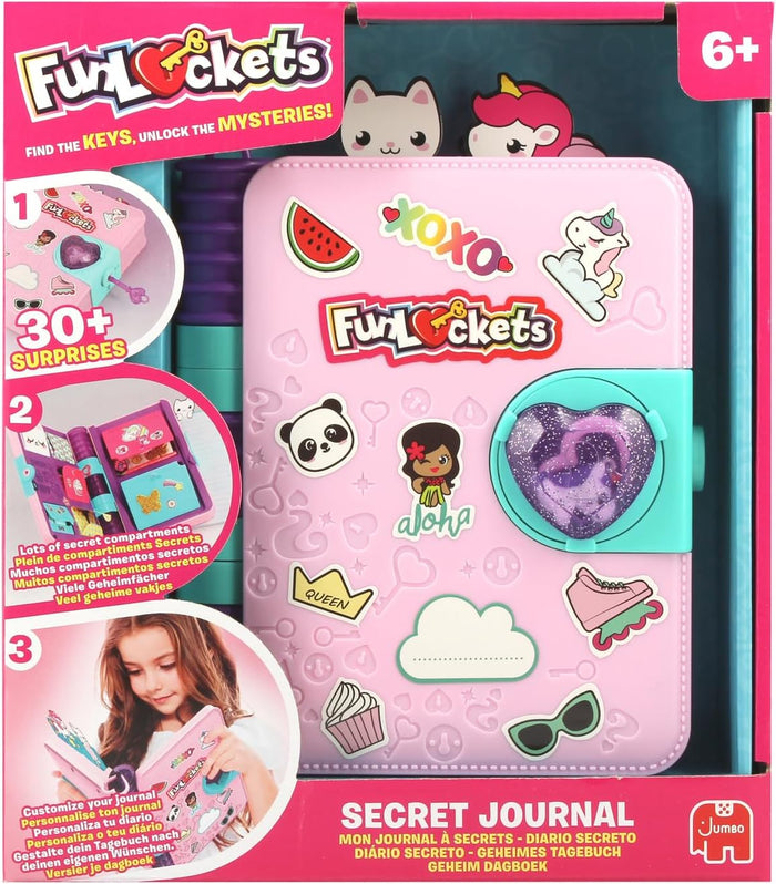 Pink toy journal in retail box with heart-shaped lock, stickers, and photos showing 30+ hidden surprises.