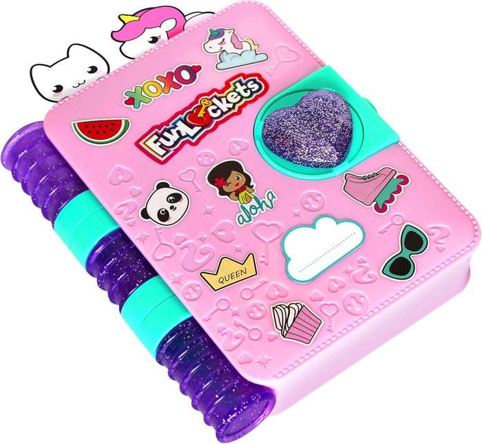 Pink secret journal with colorful stickers, a purple glitter heart, and a purple and turquoise spiral spine.