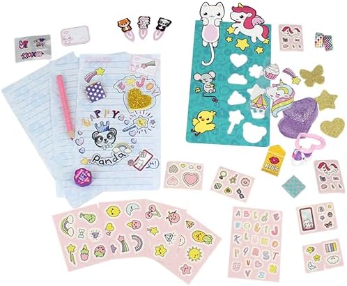 Colorful stationery set with a pink pen, blue paper, animal stickers, blue stencil, and a glittery purple heart case.