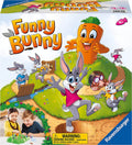 Game box with cartoon rabbits racing up a hill to a giant carrot character; children are shown playing the board game.