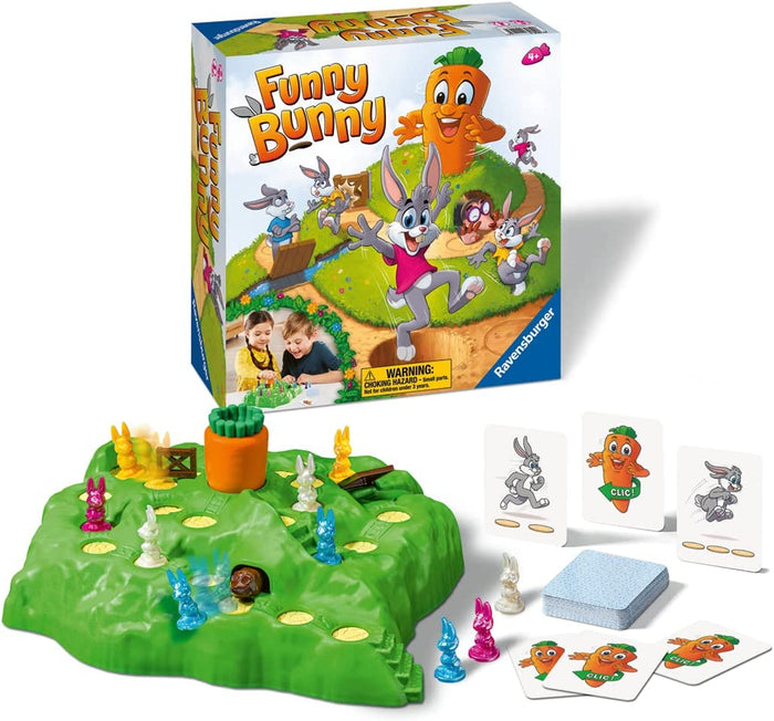 3D green hill game board with colorful rabbit figurines and cards next to a cartoon-illustrated box.