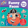 Funny Faces sticker book cover showing a cartoon pirate surrounded by reusable eye, nose, and mouth stickers.